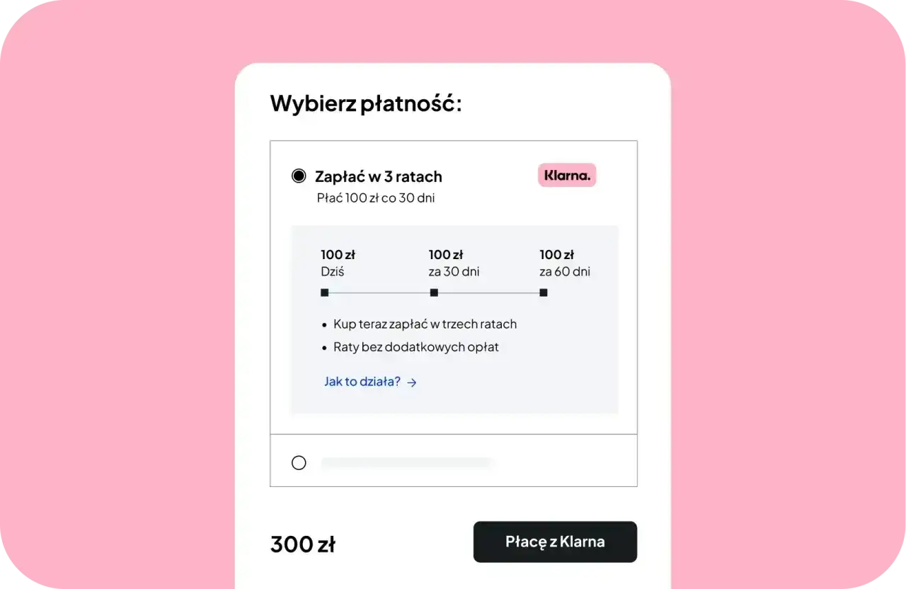 Wybór płatności: zapłać w 3 ratach 100 zł co 30 dni. Dowiedz się, klarna co to za opcja płatności.