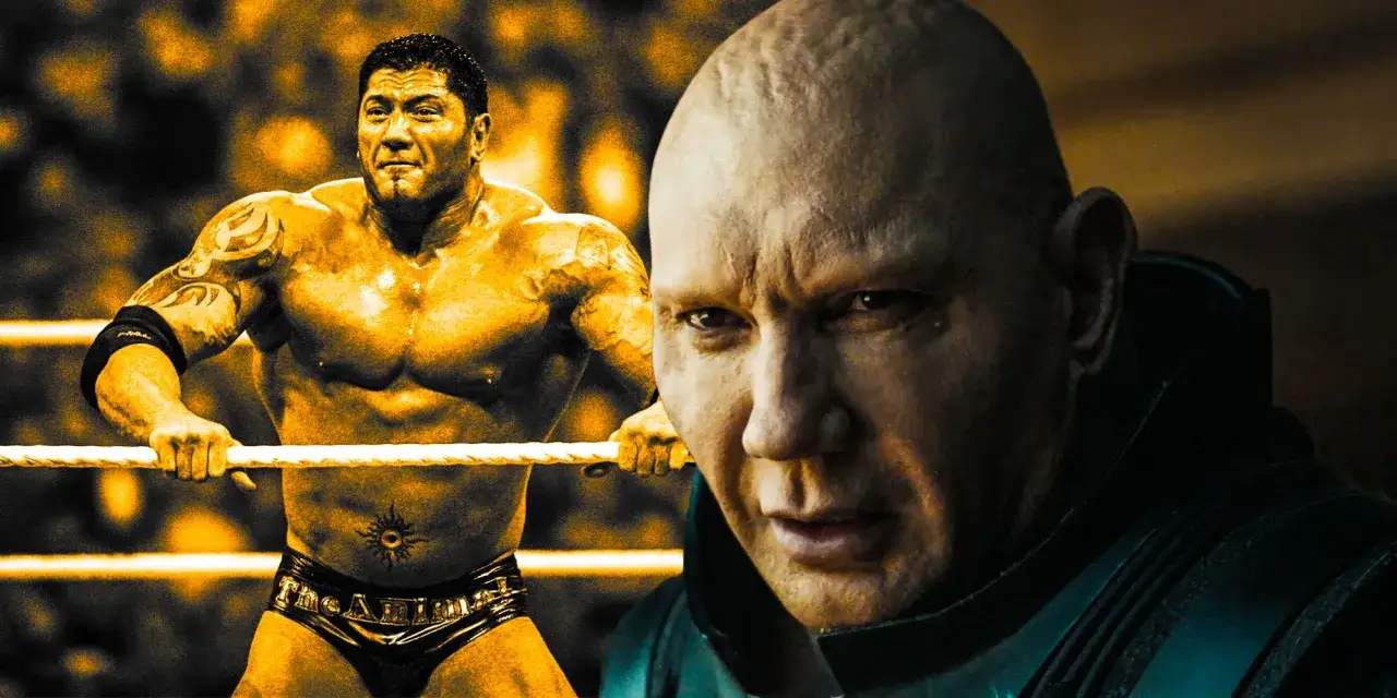 Batista WWE oggi: il wrestler muscoloso nel ring e il suo volto intenso in primo piano.