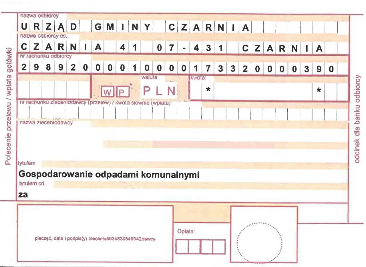 Formularz przelewu na opłatę za gospodarowanie odpadami komunalnymi dla Urzędu Gminy Czarnia.