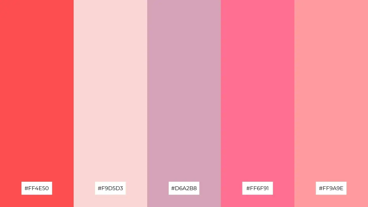 Fünf vertikale Farbstreifen: leuchtendes Korallenrot, zartes Rosa, Lavendel, kräftiges Pink und Lachsrosa. Ein schönes rot und weiß mischen.
