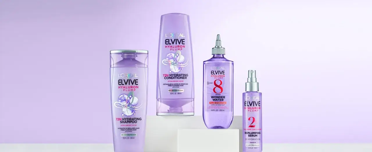 Linia L'Oréal Elvive Hyaluron Plump: szampon, odżywka, woda cud i serum z kwasem hialuronowym na włosy.