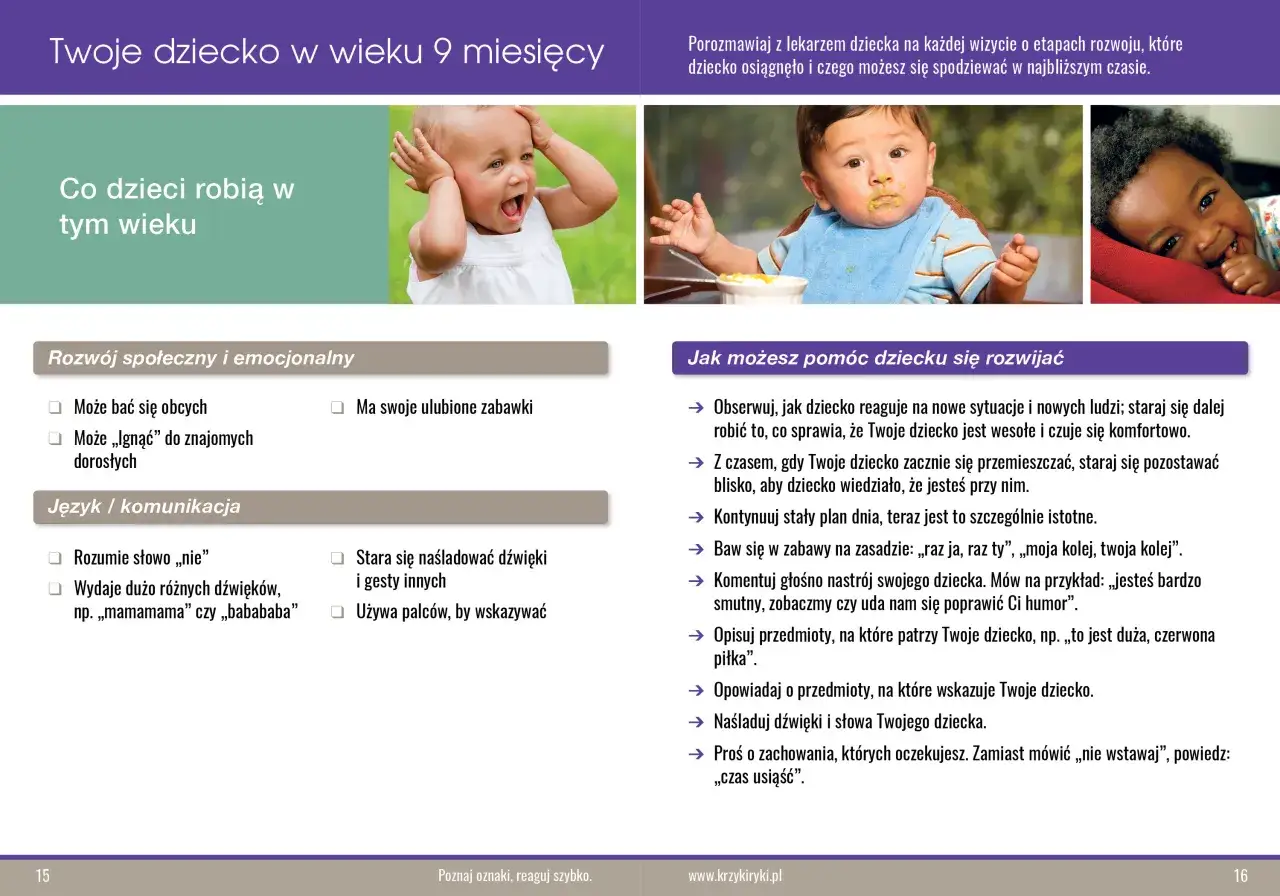 Uśmiechnięte niemowlę z rękami przy uszach, obok maluch jedzący z apetytem.