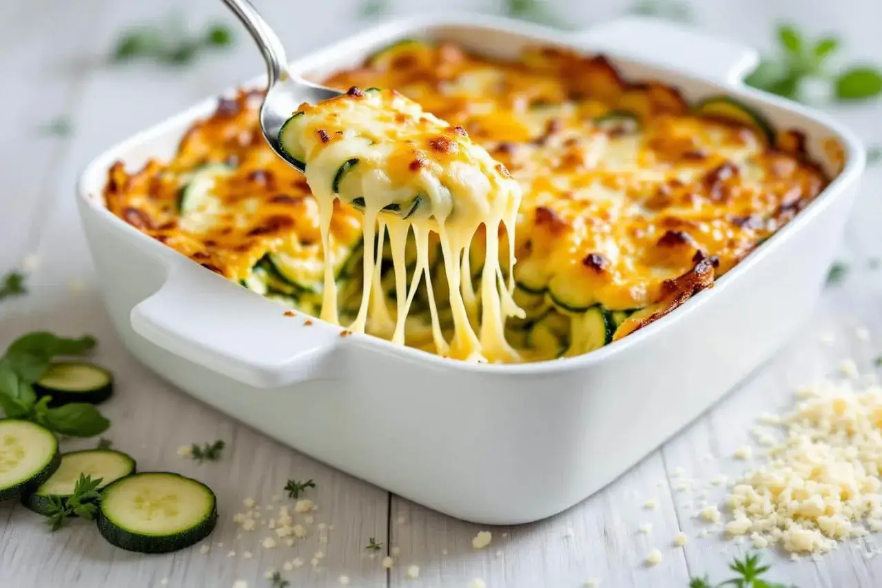 Une cuillère soulève un gratin de courgettes fondant, le fromage filant promet un délice.