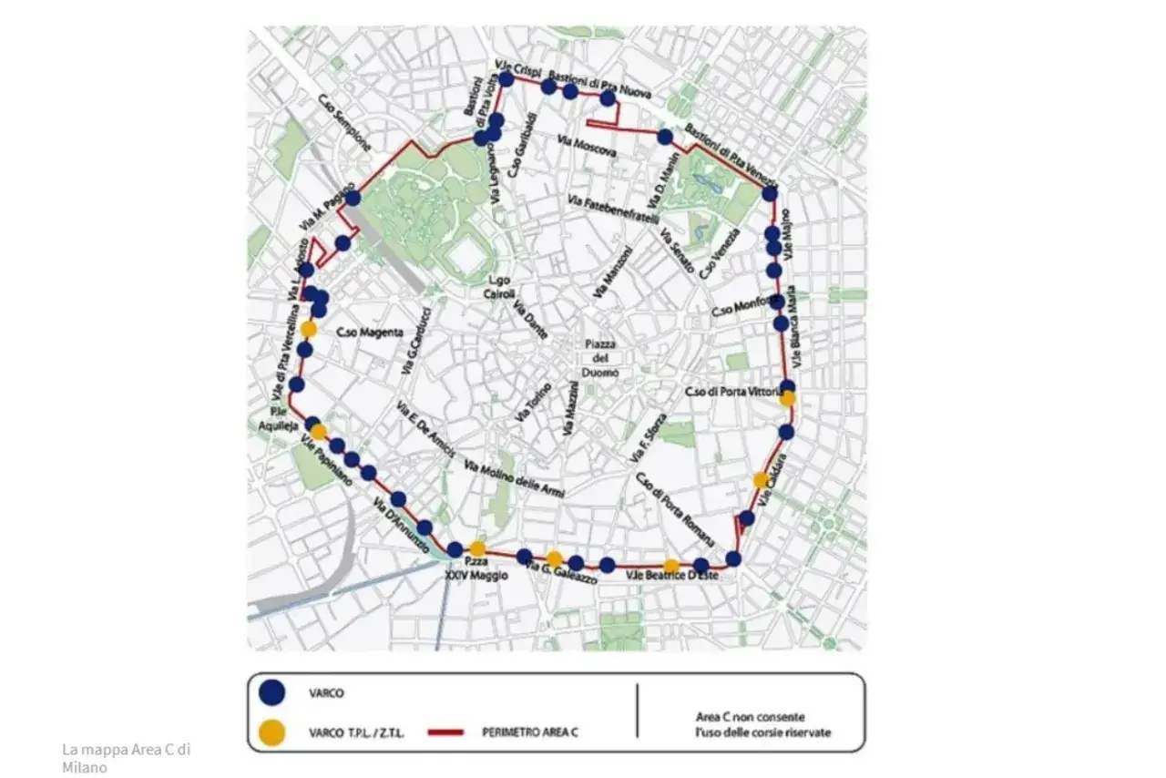 Mapa Area C w Mediolanie, pokazująca trasę metra i strefę ograniczonego ruchu.