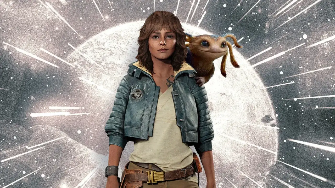 Kay Vess z towarzyszem na tle kosmicznej mgławicy, zapowiadająca grę Star Wars Outlaws.