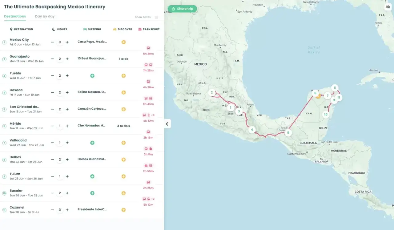 Reiseroute für Backpacking in Mexiko: Von Mexiko-Stadt über Guanajuato, Oaxaca und San Cristóbal bis zu den Karibikinseln wie Holbox.
