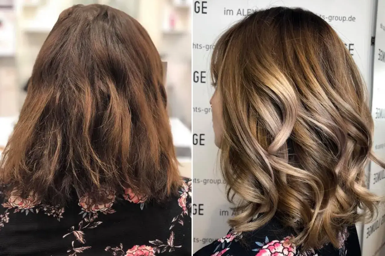 Vorher/Nachher: Dunkelbraune Haare werden zu einem gl&auml;nzenden, welligen Balayage-Look mit helleren Str&auml;hnen.