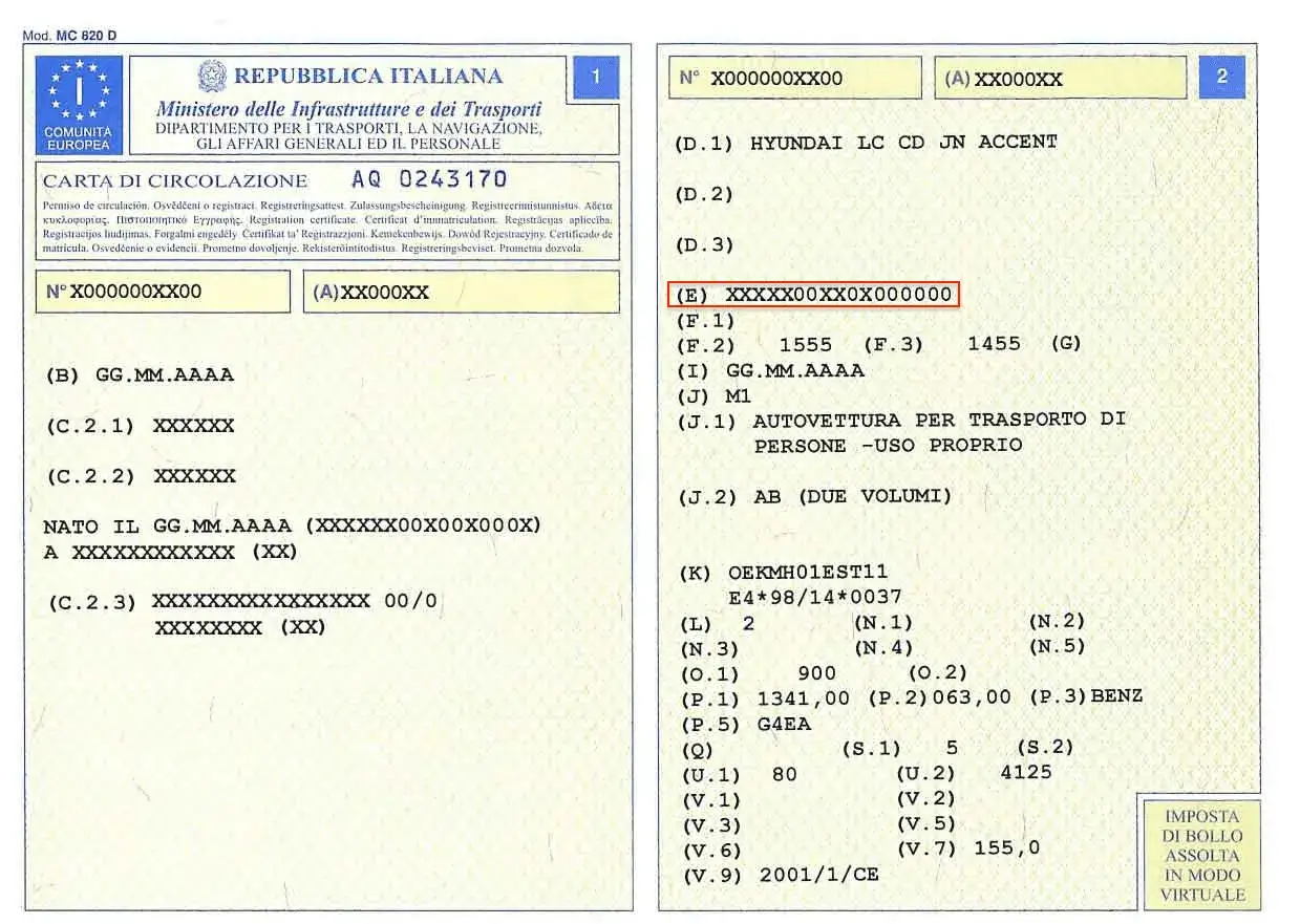Carta di circolazione italiana con dati del veicolo, tra cui il codice OEM (E) XXXXX00XX0X000000.