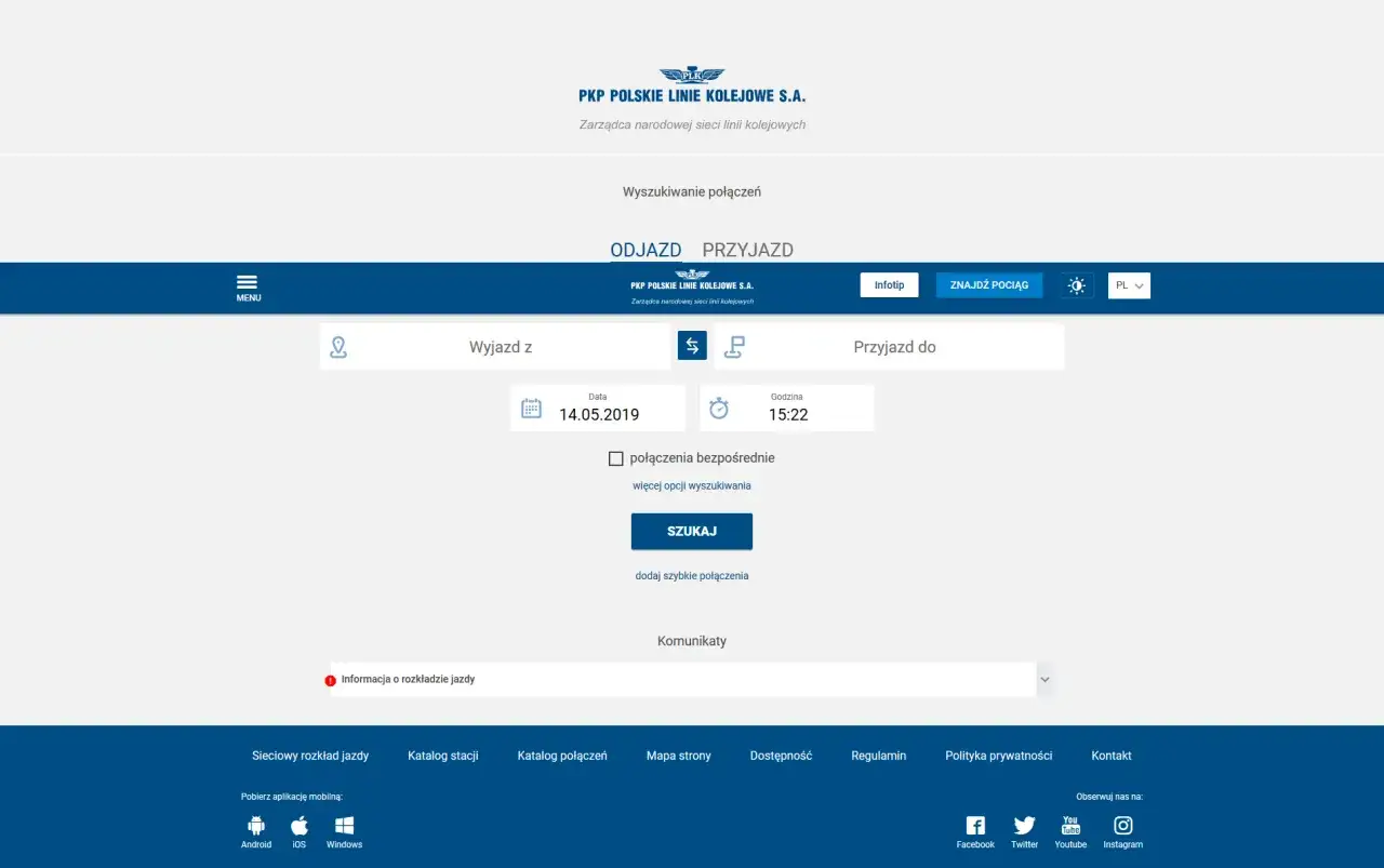 Portal Pasażera strona główna wyszukiwanie połączenia