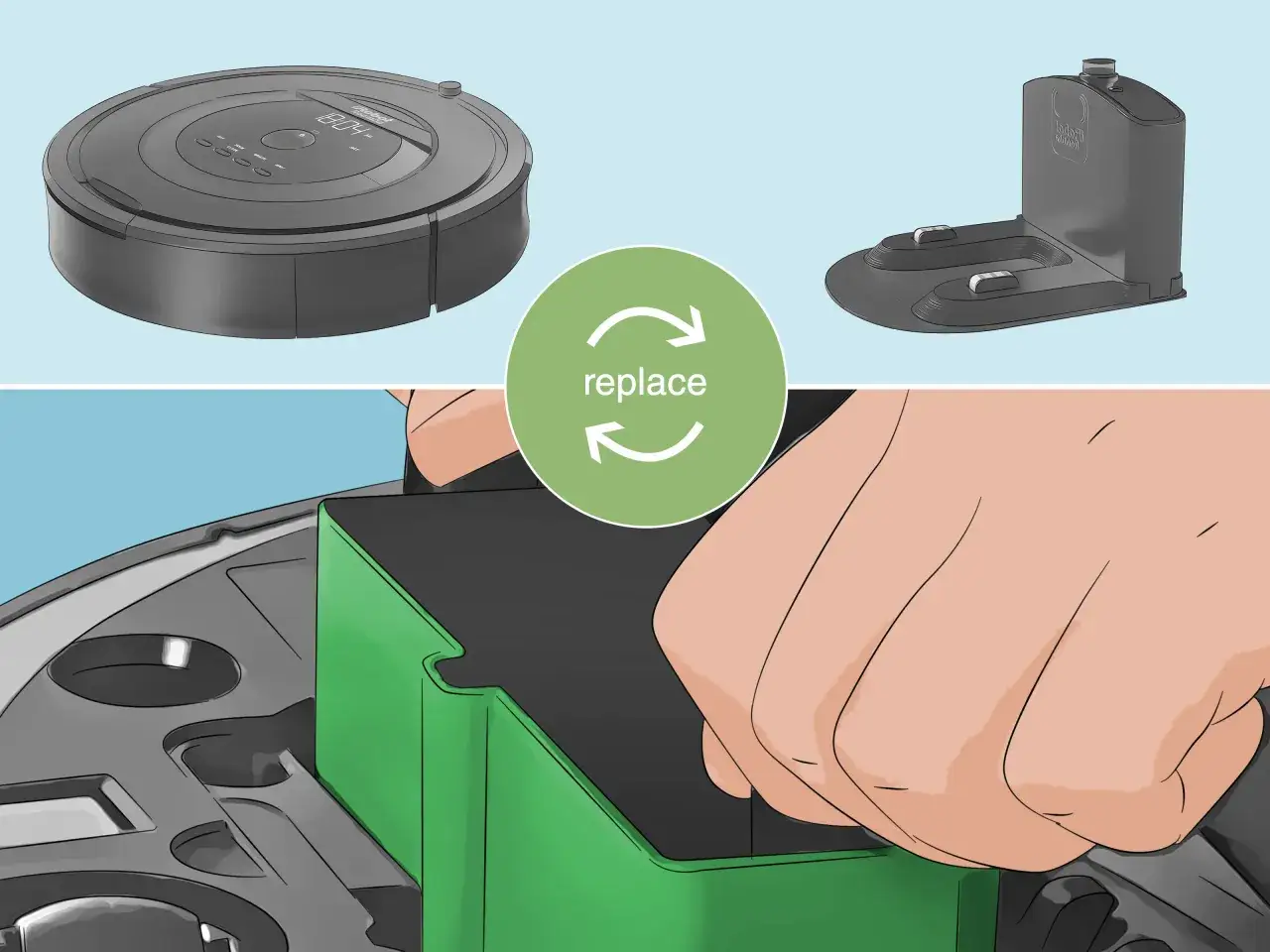 Mano insertando un dep&oacute;sito verde en un Roomba. El error 3 puede indicar que el dep&oacute;sito necesita ser reemplazado.