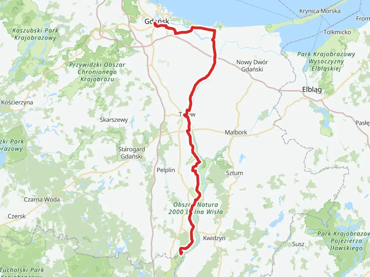 Trasa rowerowa wzdłuż Wisły w województwie kujawsko-pomorskim, od Gdańska po Kwidzyn, przez Malbork i obszary Natura 2000.
