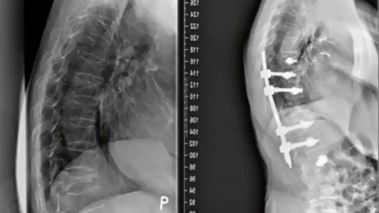 Rentgen kręgosłupa przed i po operacji. Po prawej stronie widoczny cementowanie kręgosłupa z implantami stabilizującymi.