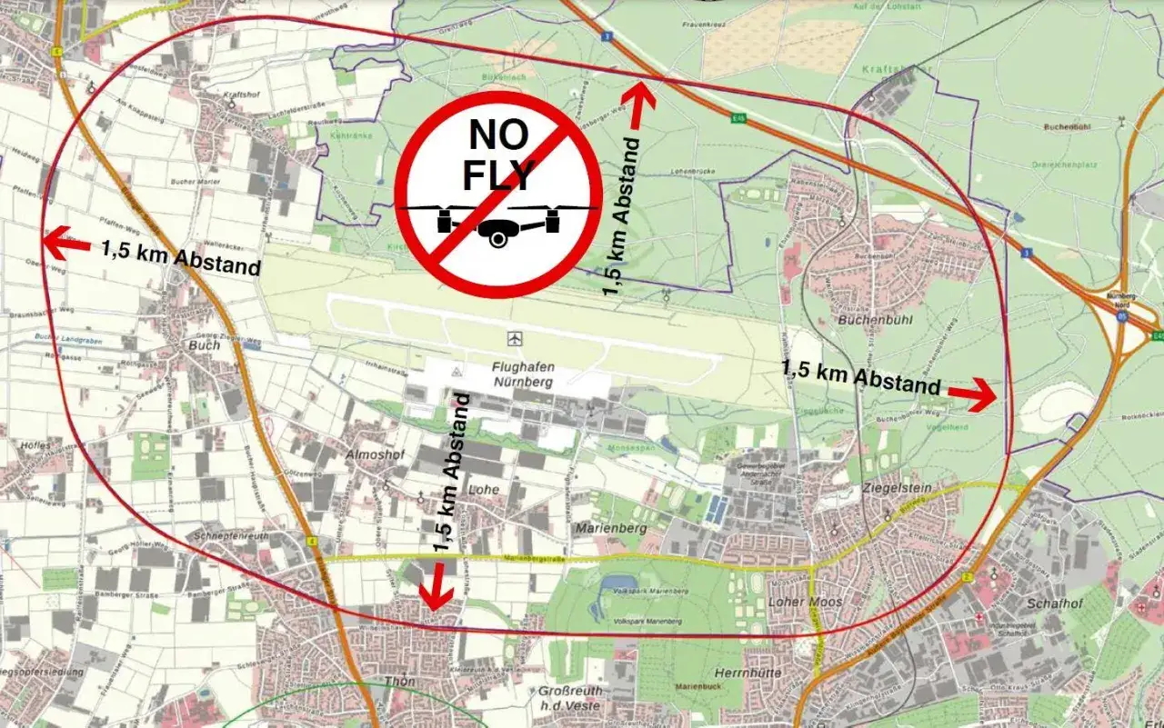 Karte zeigt Flugverbotszone um Nürnberger Flughafen. Drohnenflug anmelden ist hier nicht möglich. 1,5 km Abstand beachten.