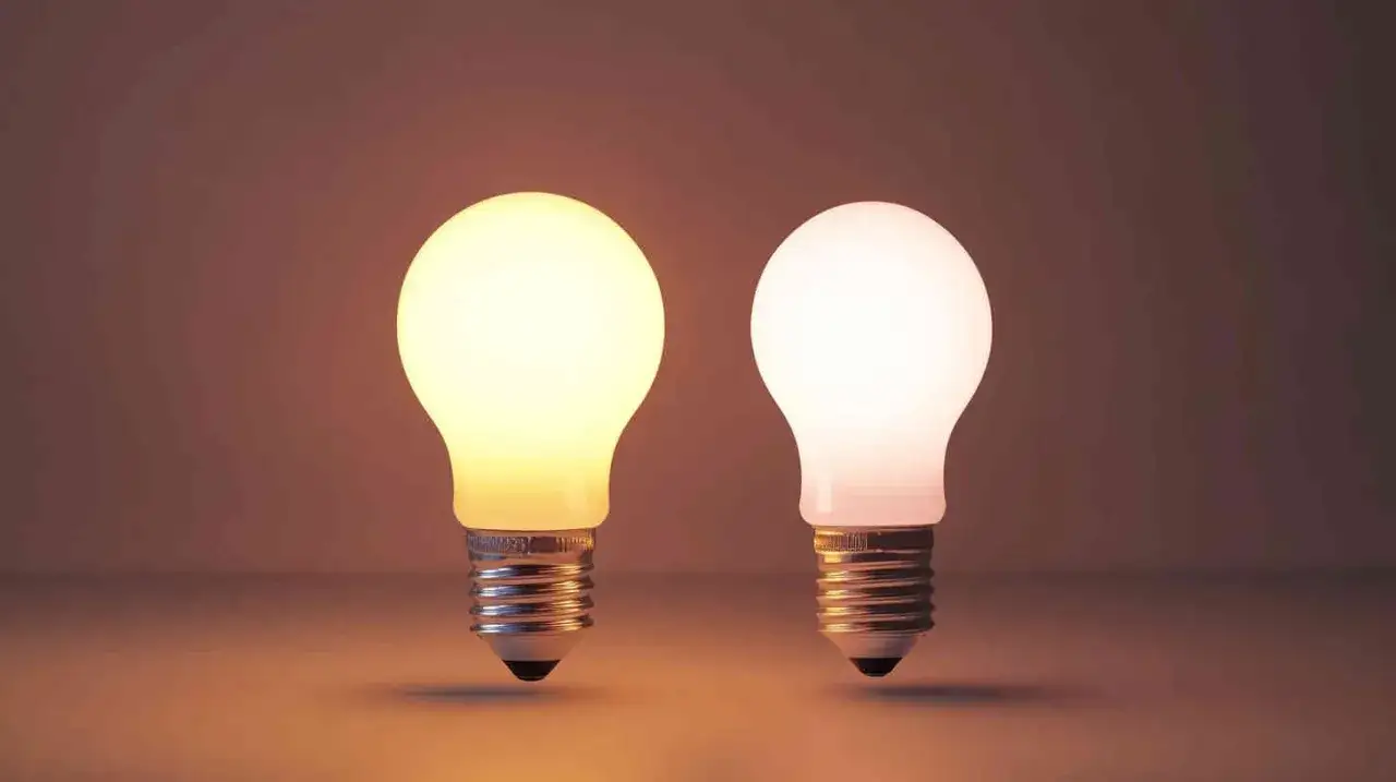 Dos bombillas encendidas, una con luz cálida y otra más blanca, ilustran la equivalencia potencia led y normal.