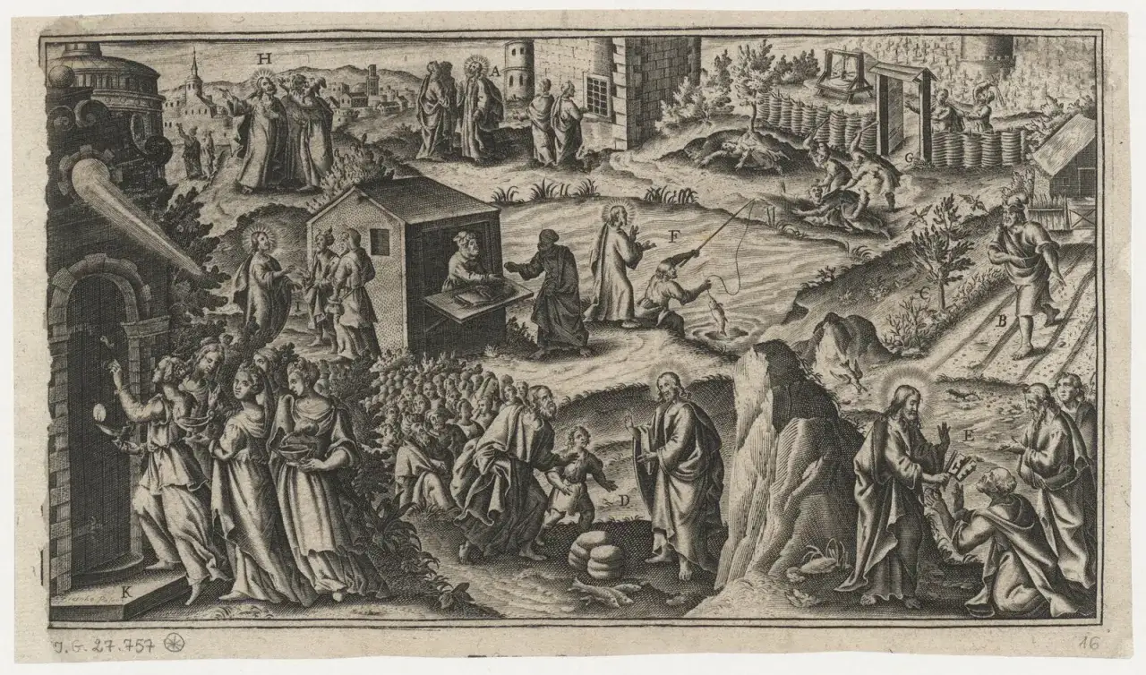 Ilustracja przedstawia sceny z przypowieści biblijnych: rozmnożenie chleba, rybaków, siewcę i mądre panny.
