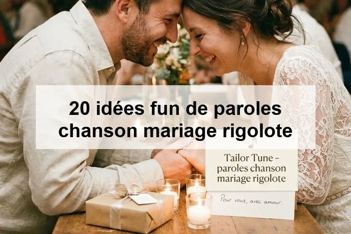 Un couple rit, tête contre tête. Une carte propose des idées de paroles de chanson mariage rigolote pour un moment joyeux.