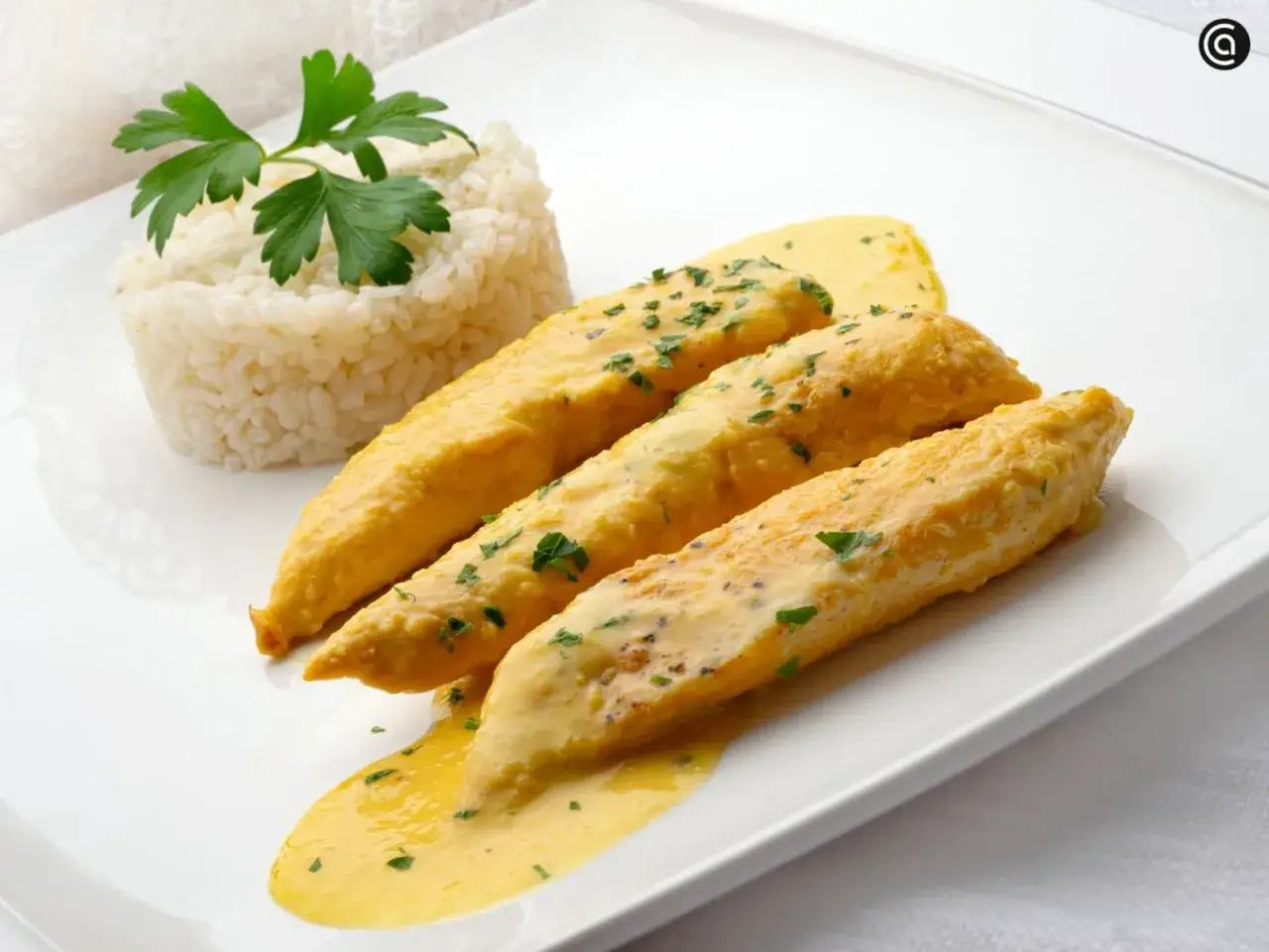 Tres tiras de solomillo de pollo en salsa cremosa, acompa&ntilde;adas de una porci&oacute;n de arroz blanco y perejil picado.