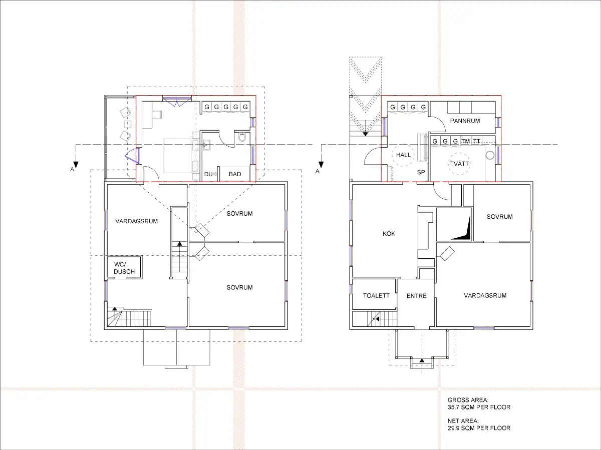 Planritning som visar hur man kan bygga ihop två hus i vinkel, med rum som kök, sovrum och vardagsrum.