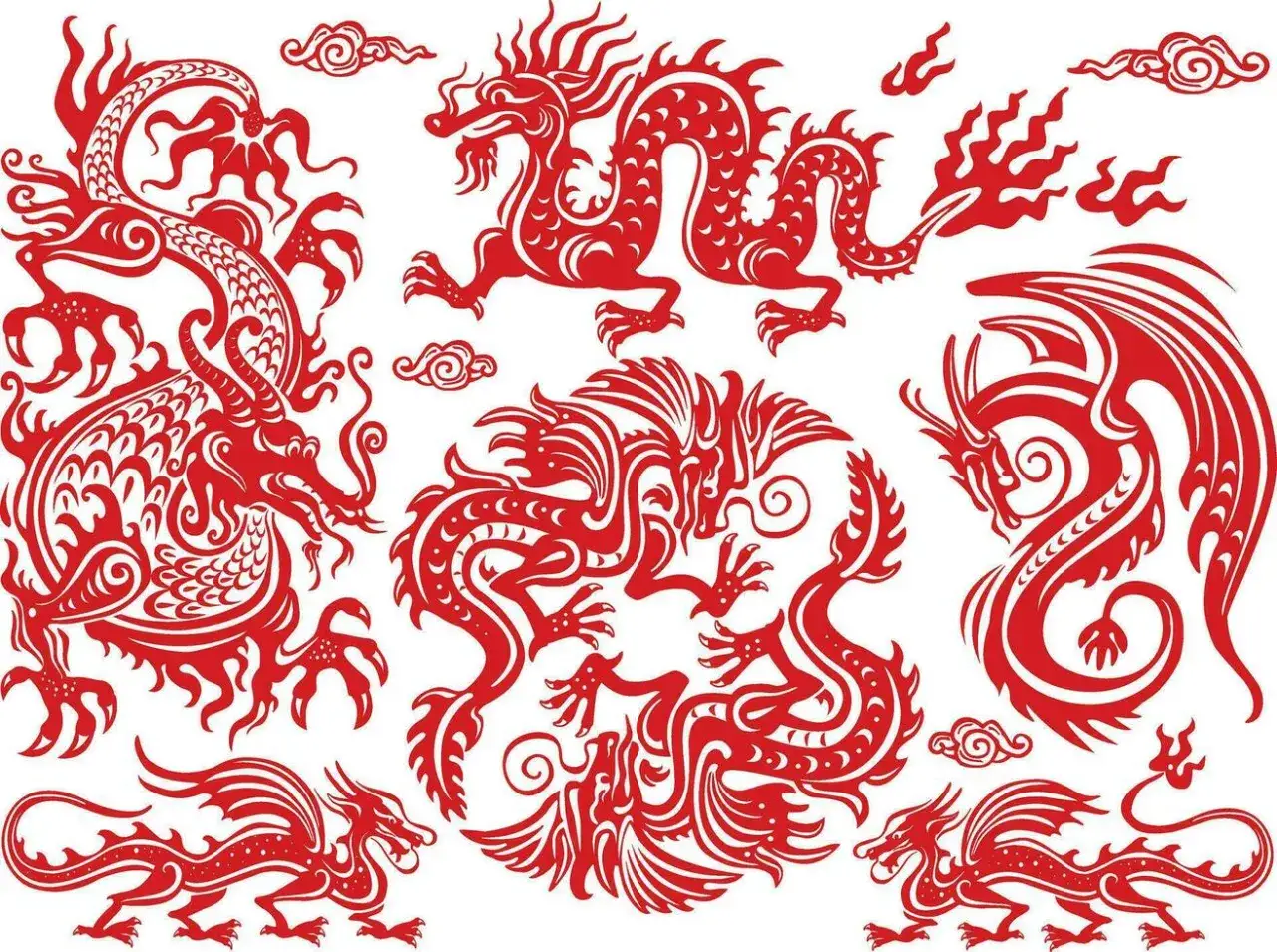Czerwone, stylizowane smoki chińskie, symbolizujące siłę i szczęście. Wzory nawiązują do tradycyjnych wycinanek i znaku zodiaku.