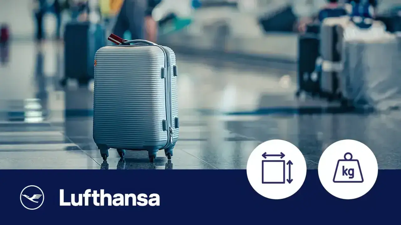 Srebrna walizka na kółkach na lotnisku, gotowa na podróż. Lufthansa bagaż rejestrowany - sprawdź wymiary i wagę.