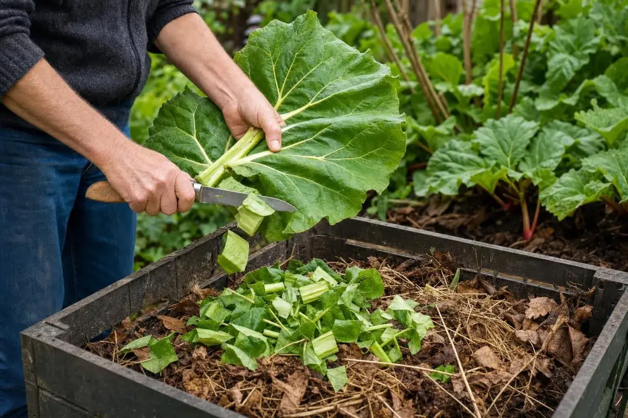 Un jardinier coupe une grande feuille de rhubarbe pour la mettre dans un composteur rempli de feuilles mortes.