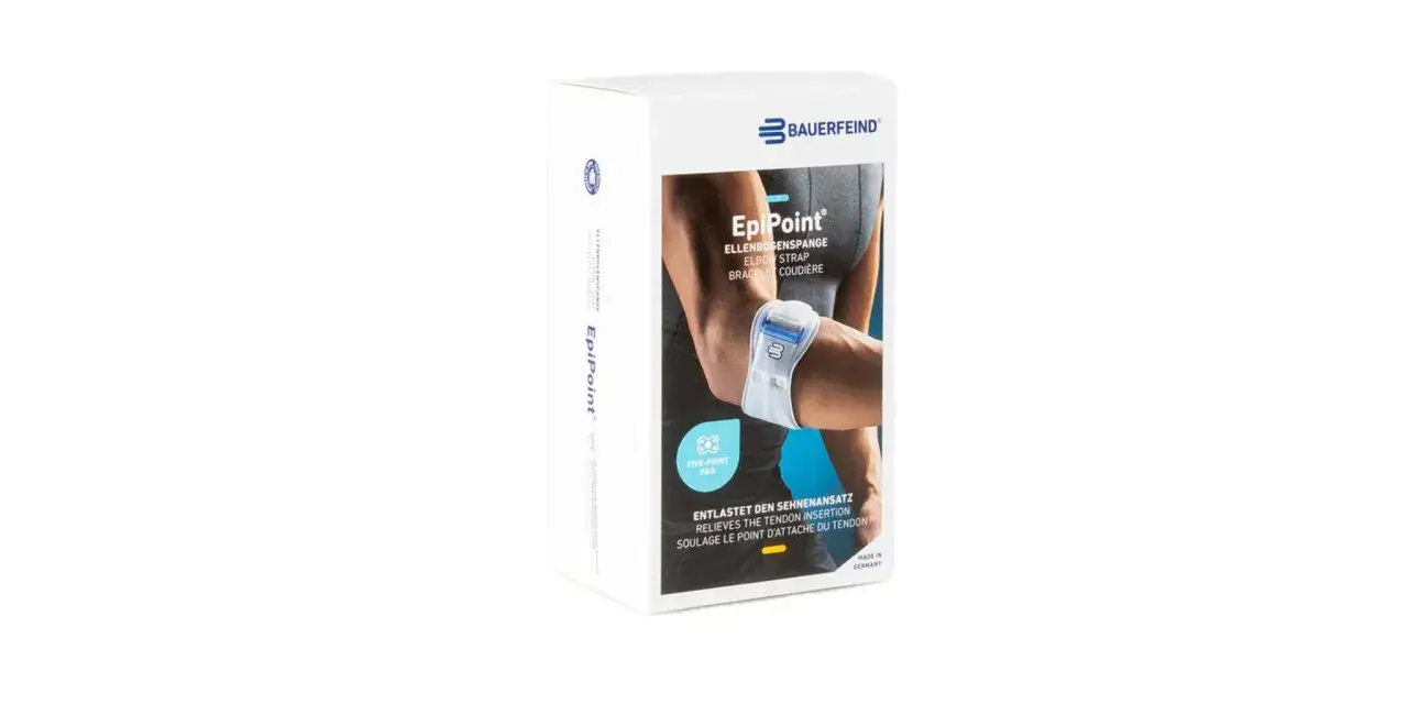 Bauerfeind EpiPoint Ellenbogenbandage zur Entlastung des Sehnenansatzes. Einfach anlegen für mehr Komfort.