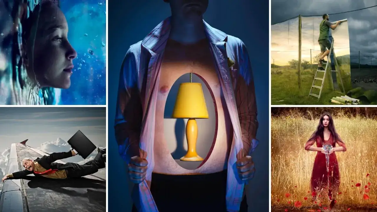 Kolaż surrealistycznych obrazów: kobieta w wodzie, lampa w brzuchu, człowiek na skrzydle samolotu, instalacja lustra, kobieta z wodą w polu. Różnorodne tematy fotografii.