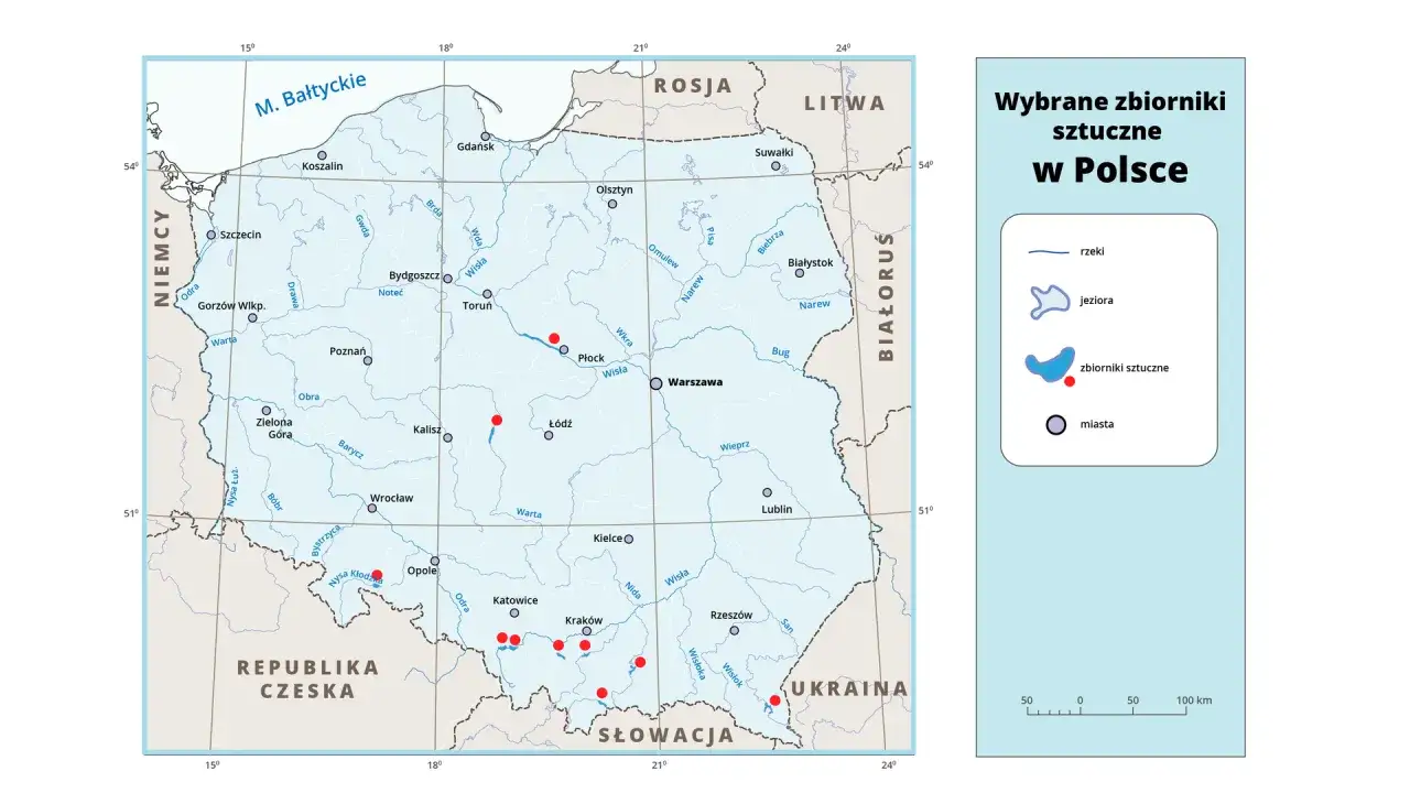 Mapa Polski z zaznaczonymi rzekami, jeziorami i sztucznymi zbiornikami wody. Czerwone punkty oznaczają wybrane sztuczne zbiorniki.