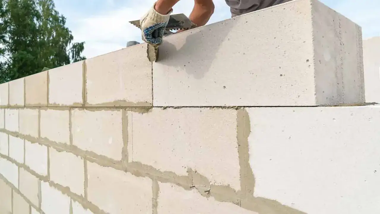 Budowa ściany nośnej z bloczków betonowych. Ręka w rękawicy nakłada zaprawę na kolejny element.