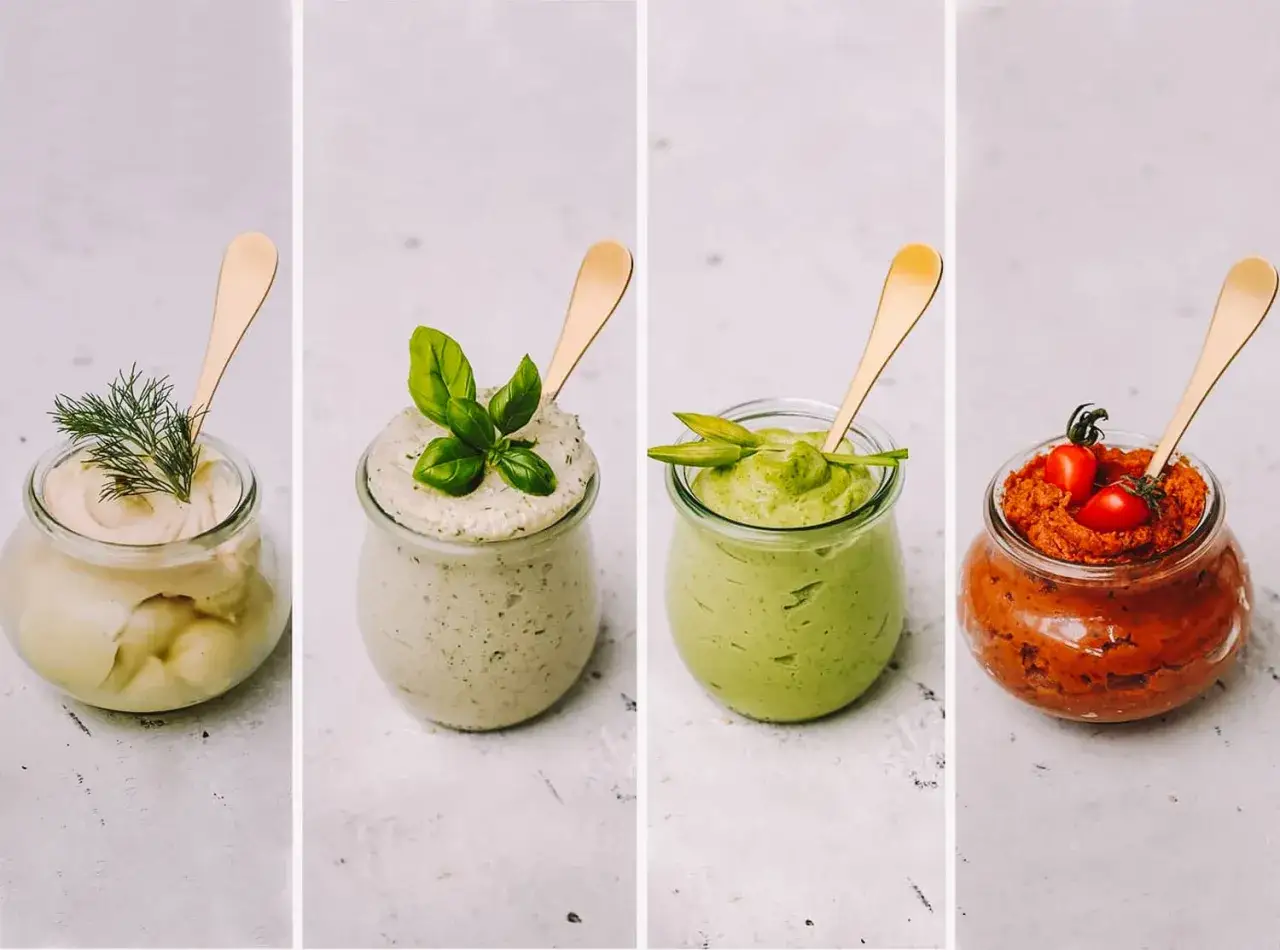 Vier Gl&auml;ser mit selbstgemachten herzhaften Brotaufstrichen: Dill, Kr&auml;uter, Avocado und Tomate.