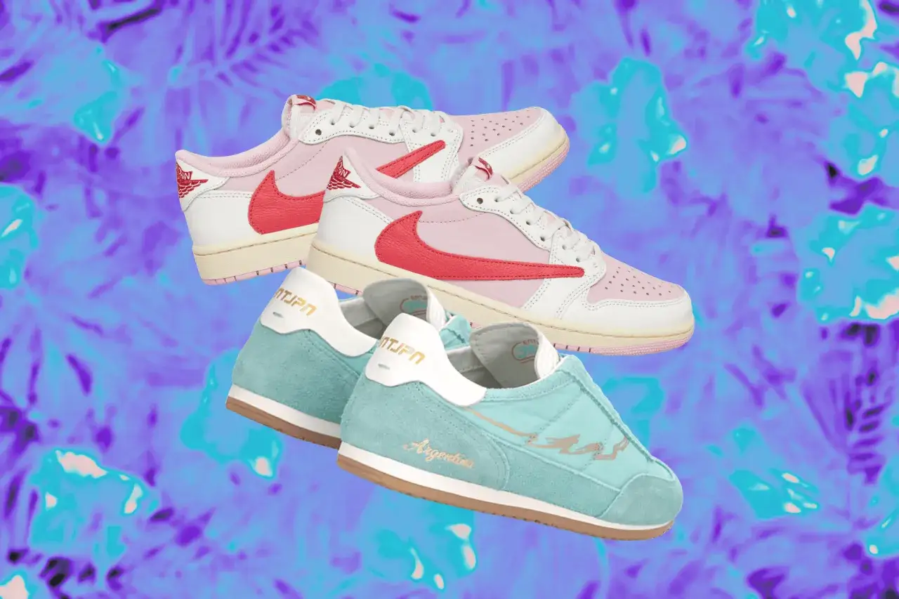Sneakers: due paia di scarpe sportive, una rosa e bianca, l'altra turchese, su sfondo viola.