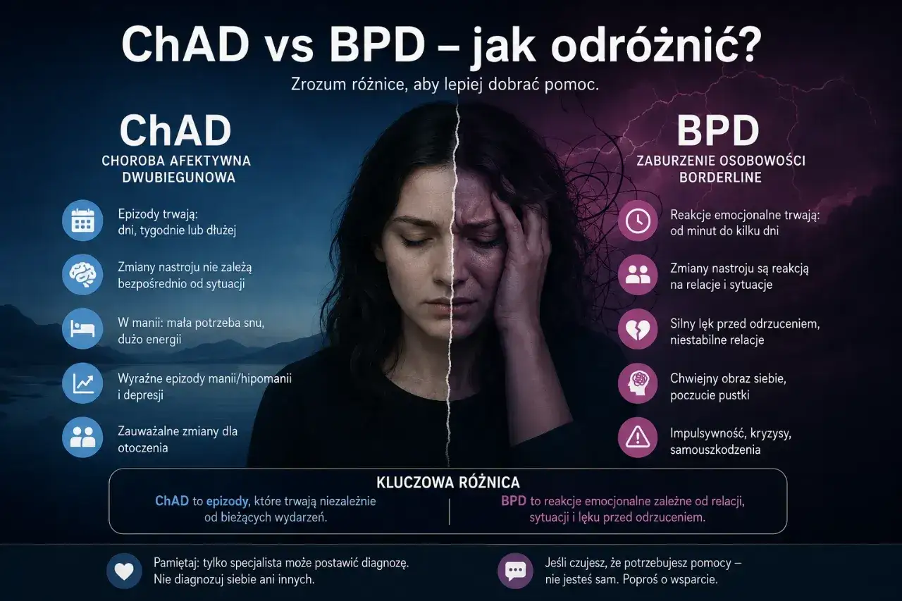 ChAD vs BPD: porównanie objawów. ChAD to choroba afektywna dwubiegunowa, BPD to zaburzenie osobowości borderline.