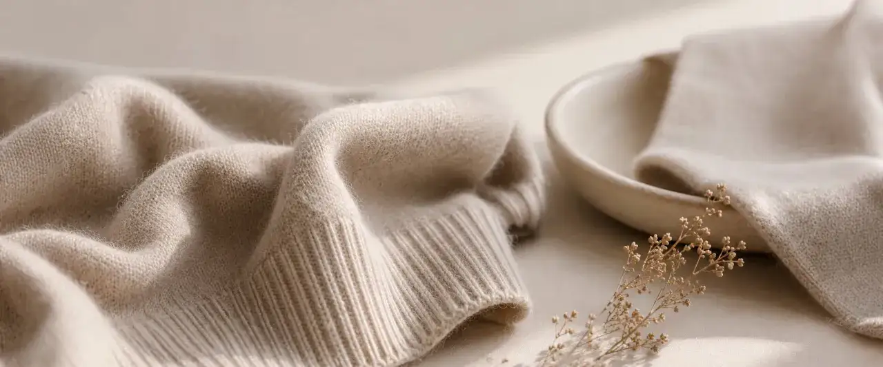 Morbido maglione di cashmere beige, piegato con cura. Scopri come si lava il cashmere per mantenerlo sempre come nuovo.