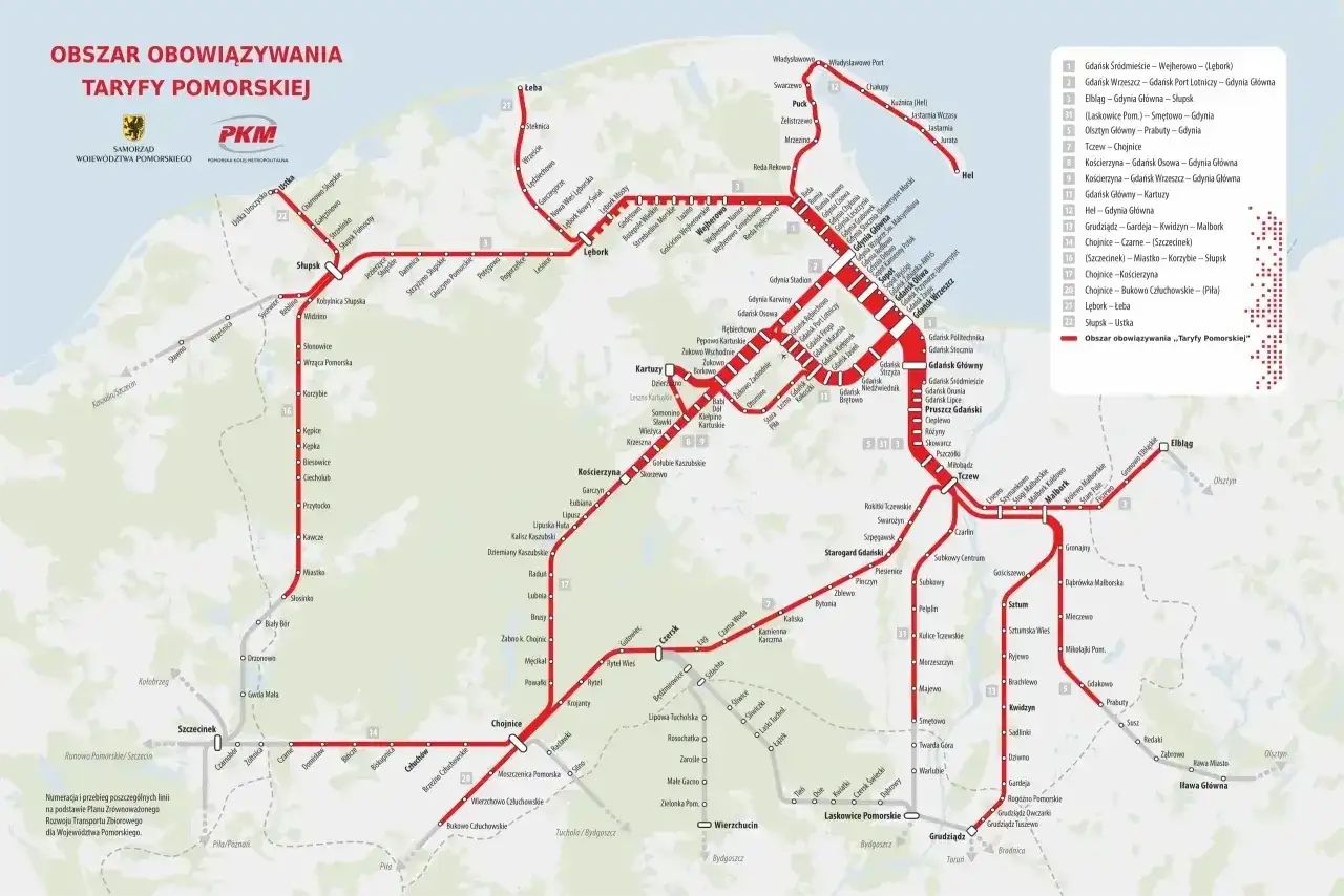 Mapa komunikacyjna Pomorza. Jak zaplanować podr&oacute;ż? Zobacz linie kolejowe i obszar obowiązywania taryfy.