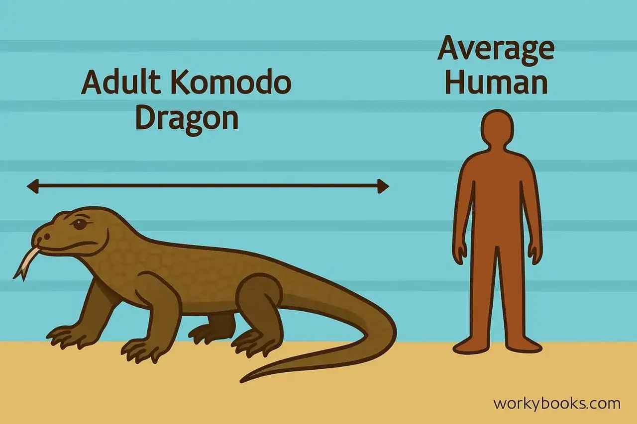 Comparaci&oacute;n de tama&ntilde;o: un drag&oacute;n de Komodo adulto, con su impresionante peso, es mucho m&aacute;s largo que un humano promedio.