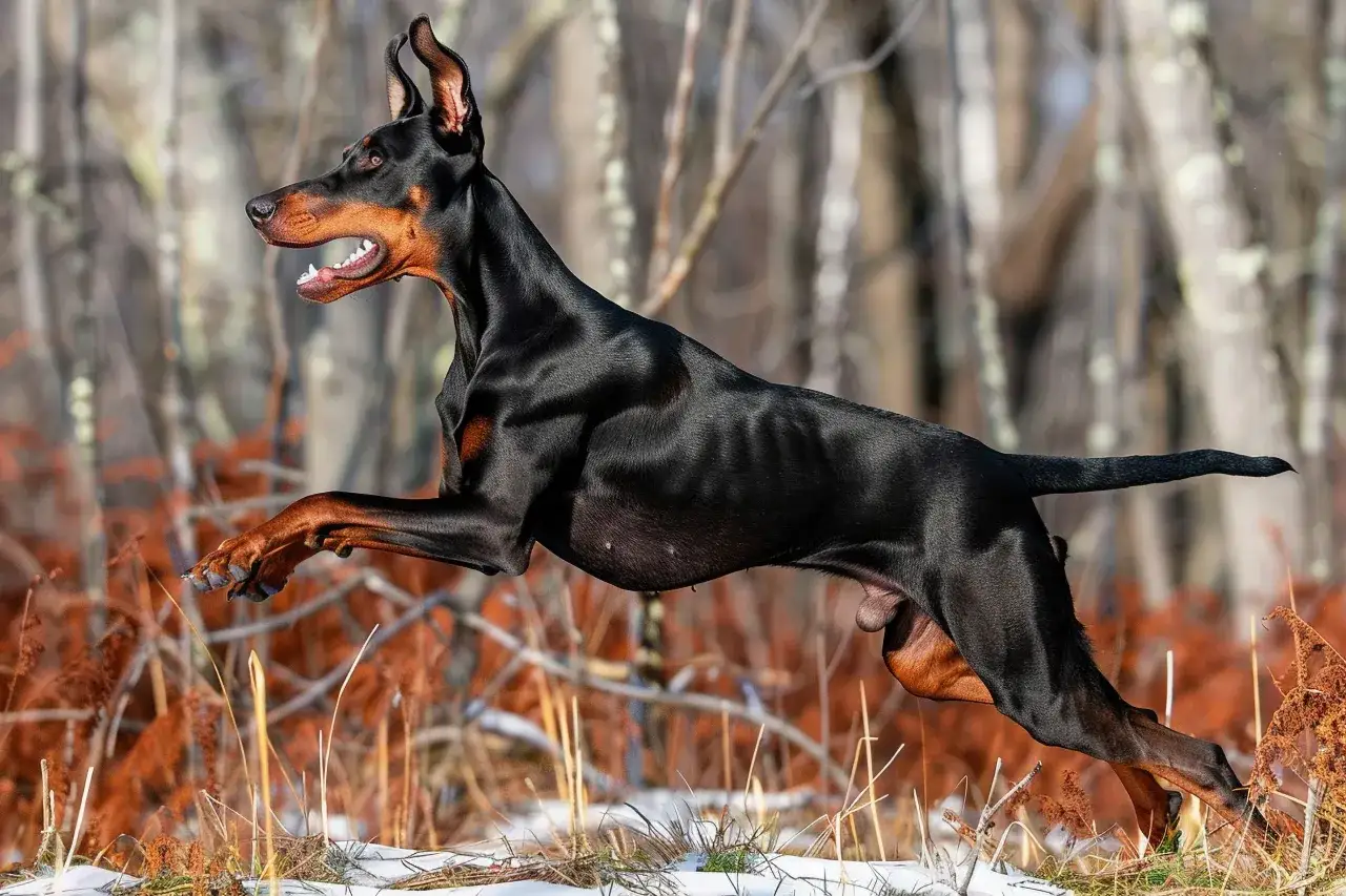 Czarny doberman z naturalnymi uszami biegnie przez jesienny las, jego mięśnie napinają się z każdym krokiem.