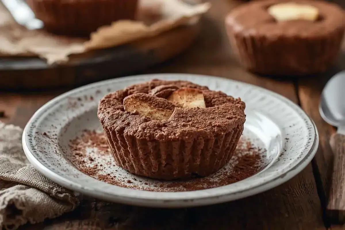 Delizioso crumble al cacao, cosparso di polvere di cacao e guarnito con fettine di banana.