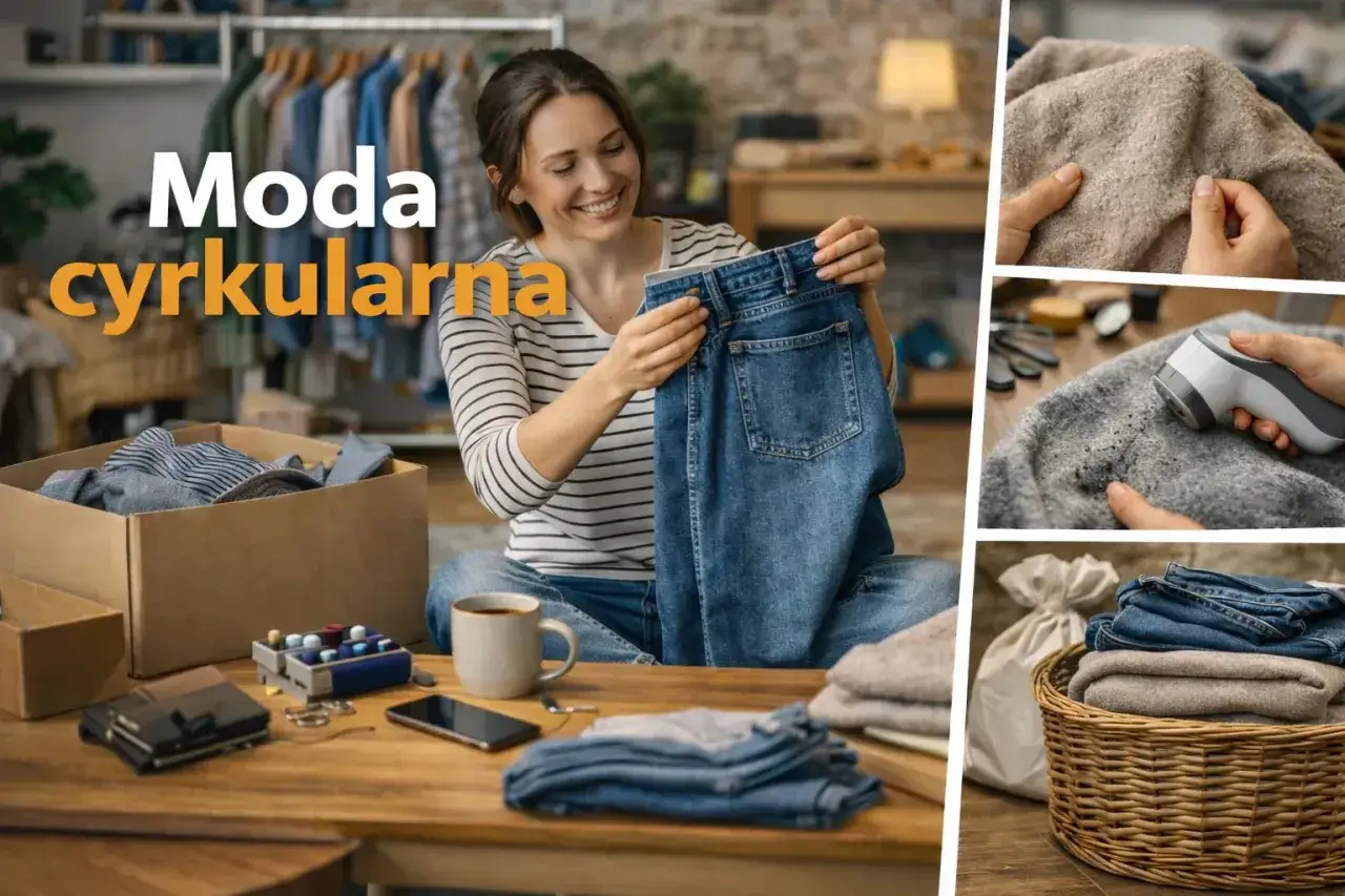 Kobieta z uśmiechem przegląda ubrania, promując ideę **modę cyrkularną**. Widać pudełko z odzieżą, stosy ubrań i akcesoria do ich pielęgnacji.