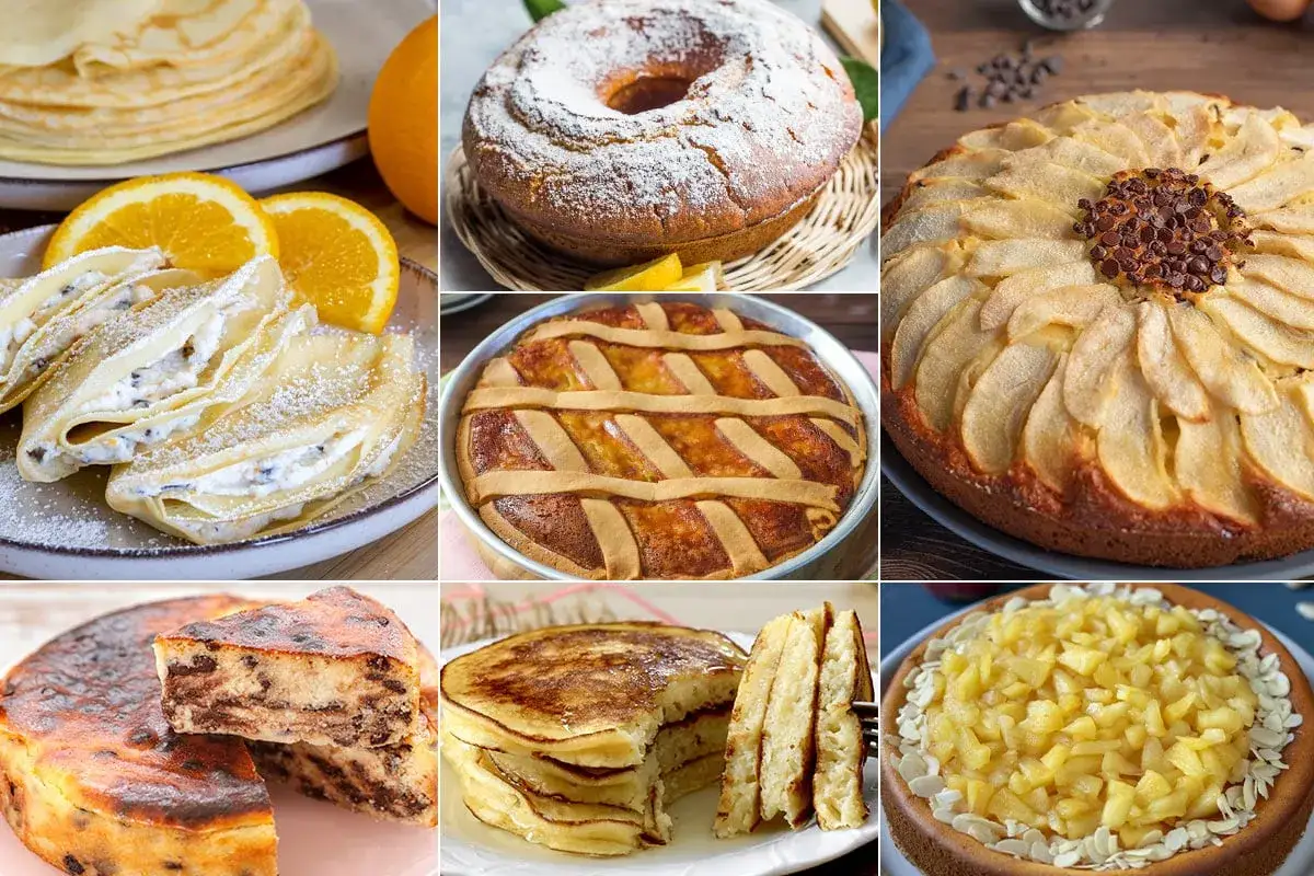 Collage di dolci: crepes alla ricotta, torta di mele, crostata, ciambellone e altre delizie.