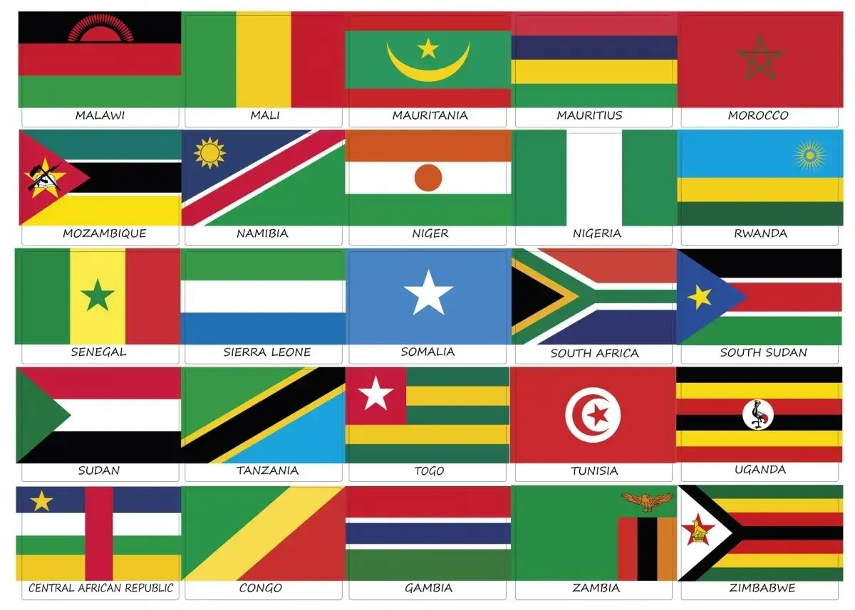 Kolekcja flag afrykańskich krajów, od Malawi po Zimbabwe. Każda flaga, mały symbol narodowy, prezentuje unikalny design.
