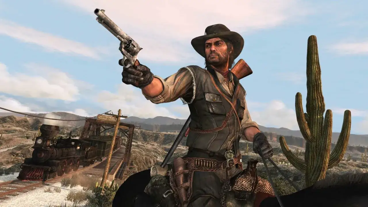 Dzikie zachodnie przygody w Red Dead Redemption na PS5. Kowboj z rewolwerem na koniu, w tle zniszczony pociąg i kaktusy.