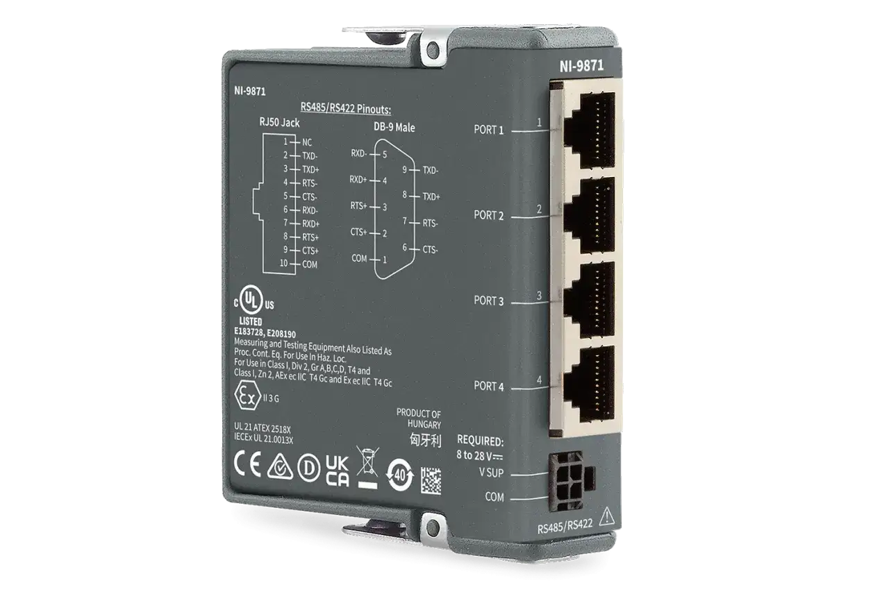 Moduł NI-9871 z portami RJ45 i złączem DB-9, obsługujący protokół **modbus rtu**.