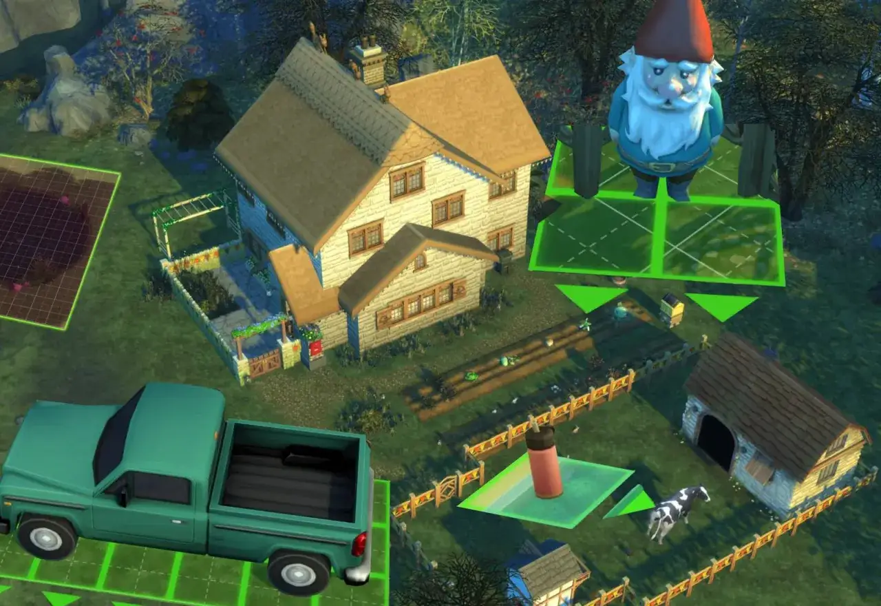 The Sims 4 kody budowanie: dom, ogród, krasnal i ciężarówka na zielonej siatce.