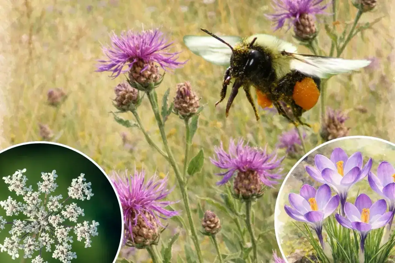 Hummeln sammeln Nektar und Pollen von lila Distelbl&uuml;ten und Krokussen. So wird gezeigt, was fressen Hummeln.