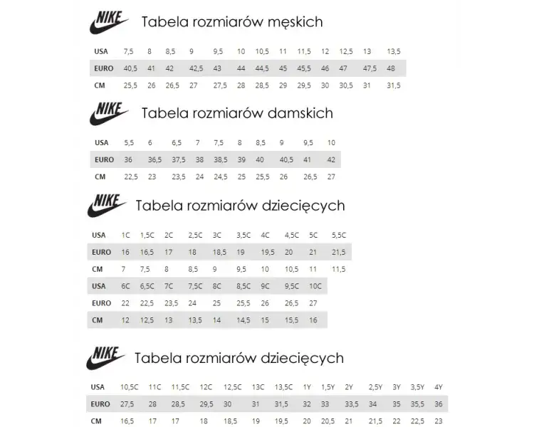 tabela rozmiarów butów młodzieżowych Nike Adidas Jordan