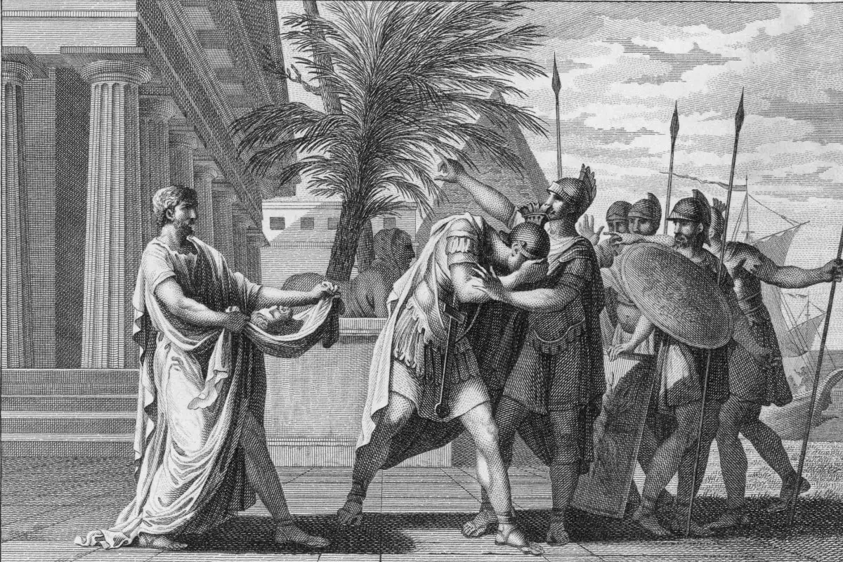 Die Ermordung Caesars: Ein Mann mit Tuch, das ein Haupt bedeckt, wird von Soldaten umringt.