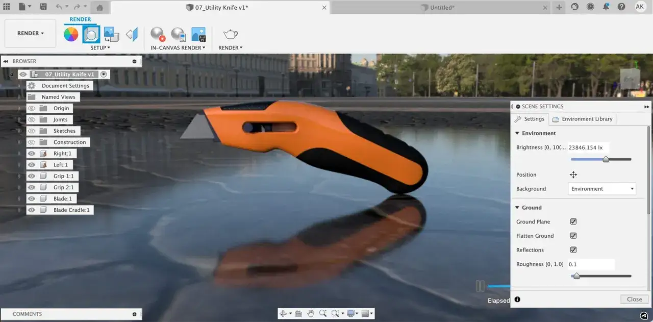 Pomarańczowy n&oacute;ż uniwersalny w programie **Fusion 360**, odbijający się w mokrej nawierzchni.