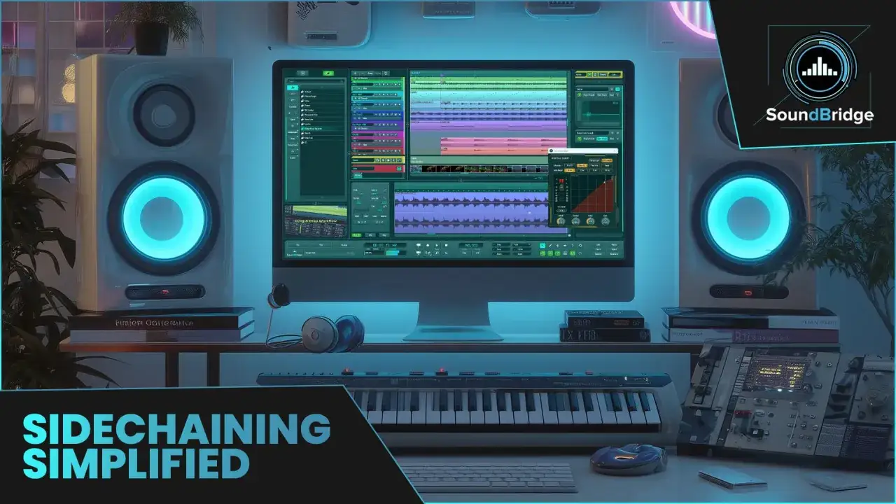 Musikproduktion mit Ableton: Ein Studio mit Lautsprechern, Computer und Keyboard. Der Bildschirm zeigt eine DAW, die f&uuml;r Sidechaining-Effekte genutzt wird.