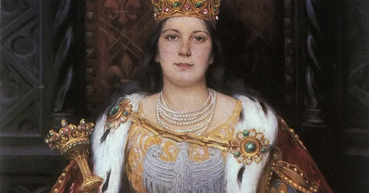 Portret kr&oacute;lowej Jadwigi w koronie i klejnotach. Tajemnica, jak zginęła kr&oacute;lowa Jadwiga, wciąż fascynuje.