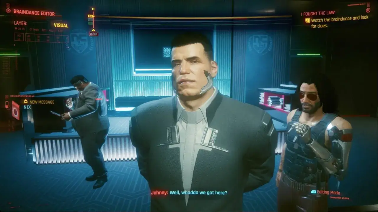 Trzecia część nocy cyberpunk: V i Johnny Silverhand obserwują braindance, szukając wskazówek.
